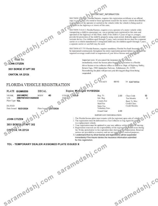 USA Florida vehicle registration template in Word and PDF formats